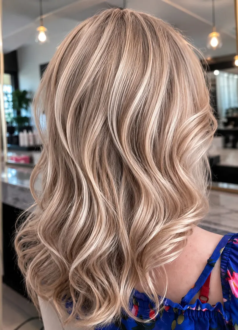 Długie perłowe fale blond po koloryzacji w salonie