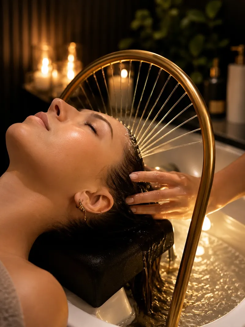Mycie włosów pod złotą dyszą wodną w rytuale head spa