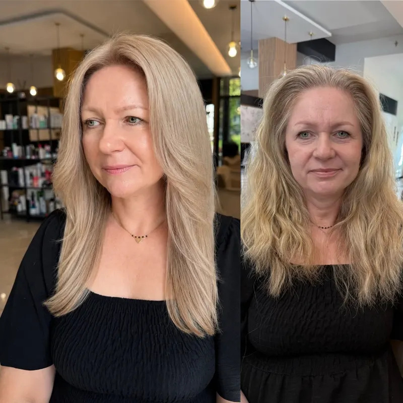 Przed i po: rozświetlony blond z cięciem, klientka po pięćdziesiątce