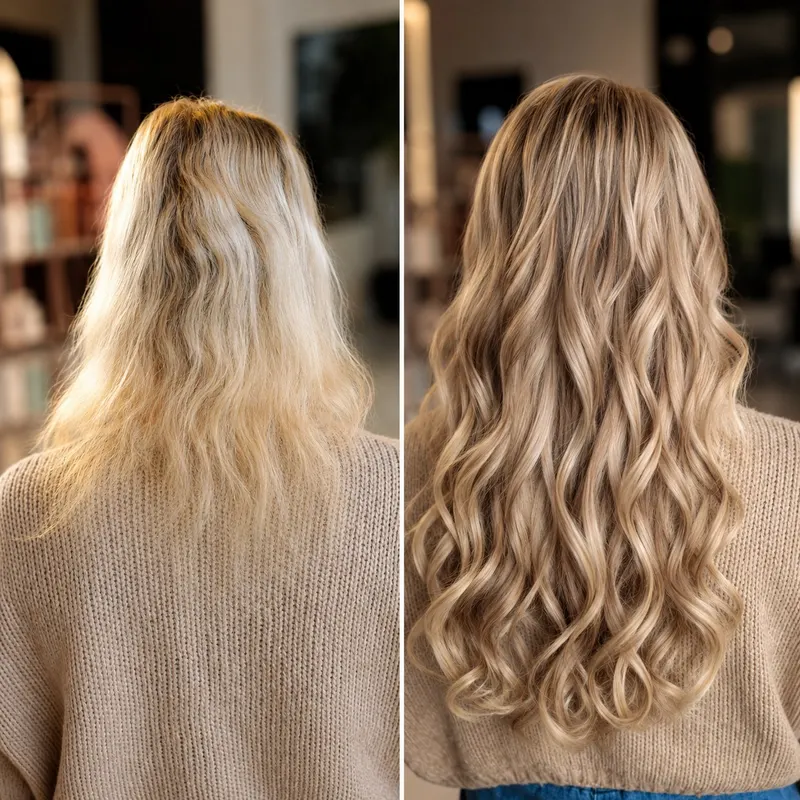 Przed i po: żółty blond wyrównany do chłodnego beżu